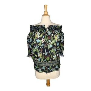 Tory Burch Fantasia Floral Print Off Shoulder Smocked Top Boho Women‎ Size 4